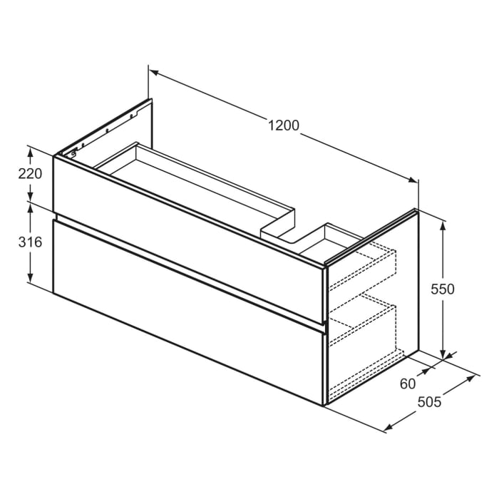 Ideal Standard Finesse Waschtischunterschrank 120 cm mit 2 Auszügen, asymmetrisch rechts, für Möbelwaschtisch