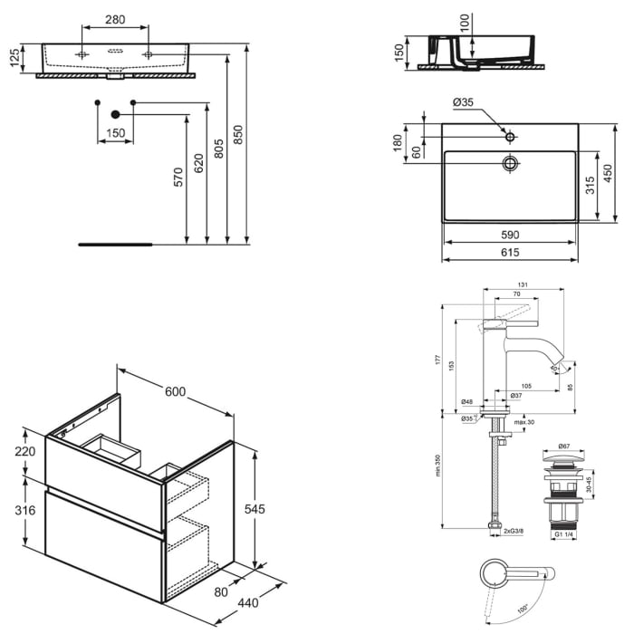 Ideal Standard Lastani Waschtisch mit Unterschrank und Waschtischarmatur 61,5 cm