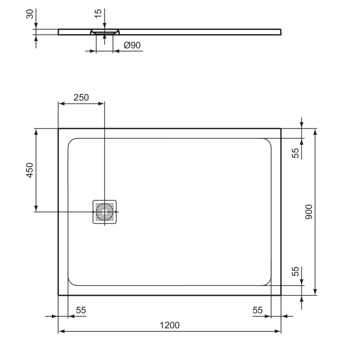 Ideal Standard Ultra Flat S + Rechteck-Brausewanne 120 x 90 cm, Ablaufposition: seitlich 25 cm