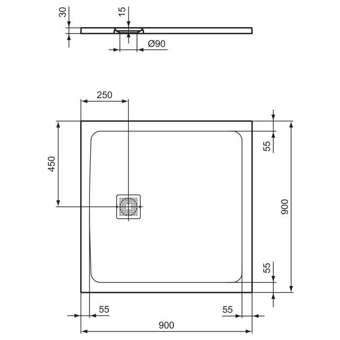 Ideal Standard Ultra Flat S + Quadrat-Brausewanne 90 x 90 cm, Ablaufposition: seitlich 25 cm