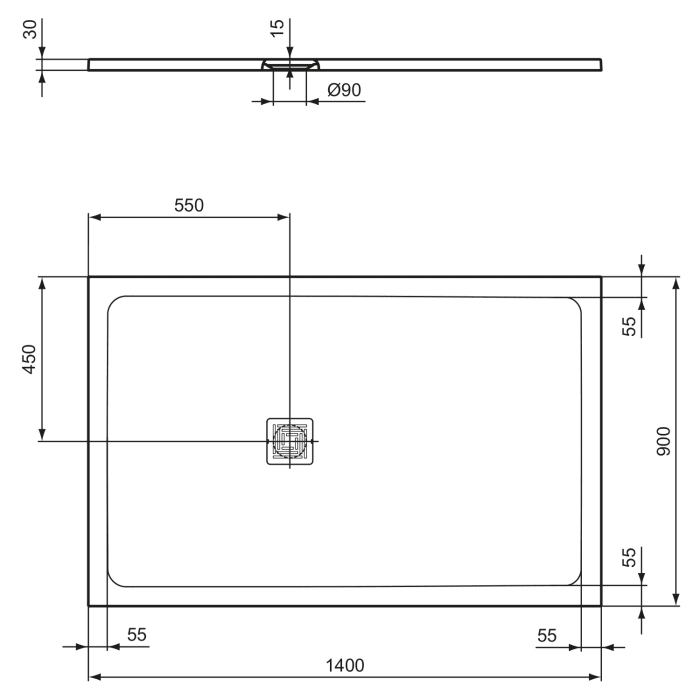 Ideal Standard Ultra Flat S + Rechteck-Brausewanne 140 x 90 cm, Ablaufposition: seitlich 55 cm