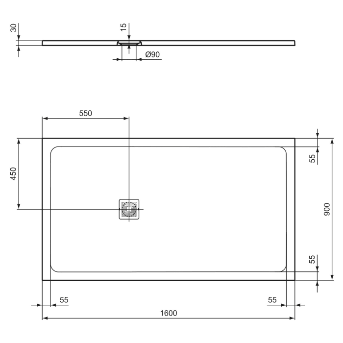 Ideal Standard Ultra Flat S + Rechteck-Brausewanne 160 x 90 cm, Ablaufposition: seitlich 55 cm