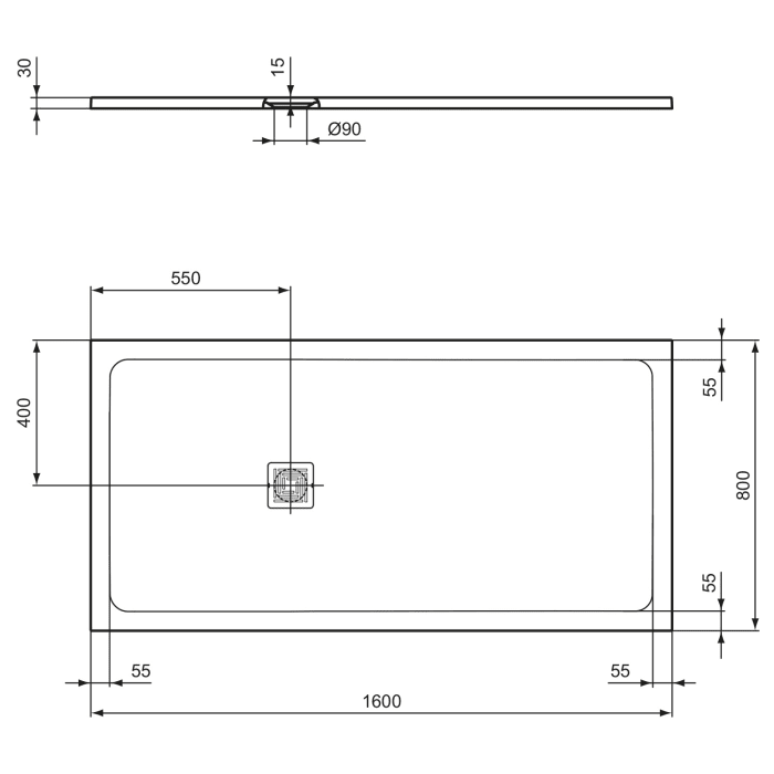 Ideal Standard Ultra Flat S + Rechteck-Brausewanne 160 x 80 cm, Ablaufposition: seitlich 55 cm