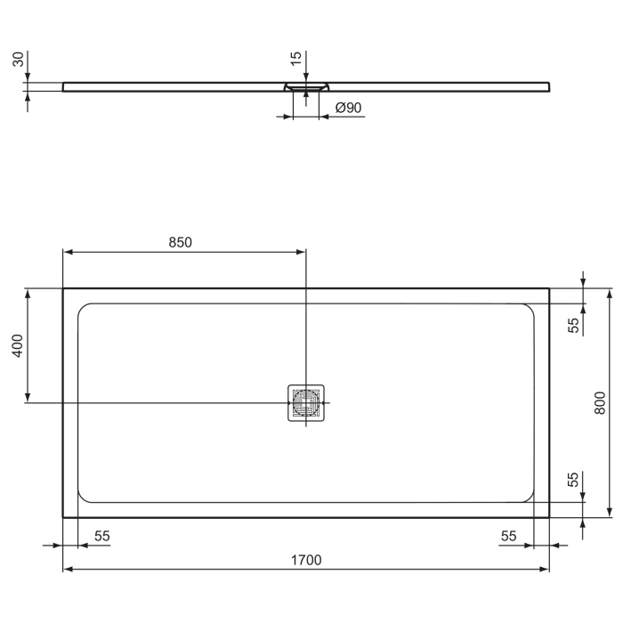 Ideal Standard Ultra Flat S + Rechteck-Brausewanne 170 x 80 cm, Ablaufposition: zentriert