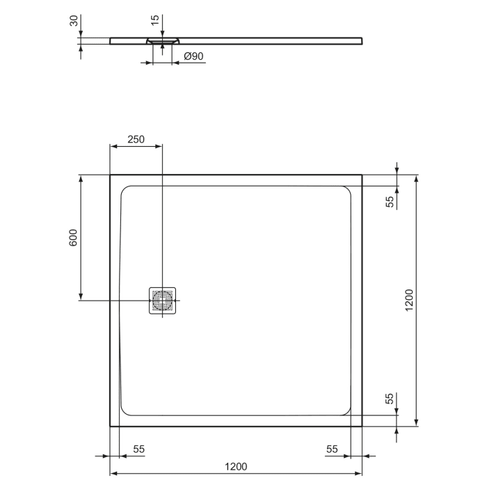 Ideal Standard Ultra Flat S + Quadrat-Brausewanne 120 x 120 cm, Ablaufposition: seitlich 25 cm