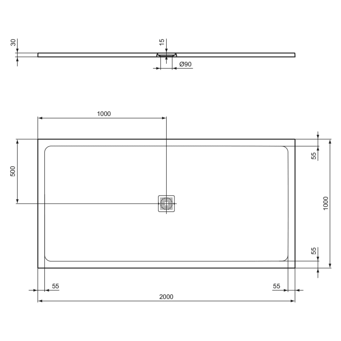 Ideal Standard Ultra Flat S + Rechteck-Brausewanne 200 x 100 cm, Ablaufposition: zentriert