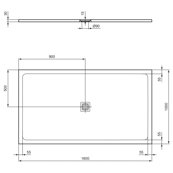 Ideal Standard Ultra Flat S + Rechteck-Brausewanne 180 x 100 cm, Ablaufposition: zentriert