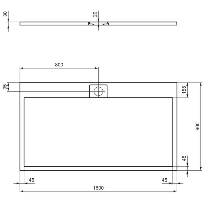 Ideal Standard Ultra Flat S i.life Rechteck-Brausewanne 160 x 90 cm, bodeneben