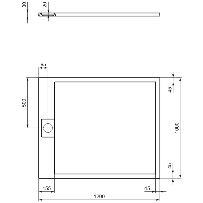 Ideal Standard Ultra Flat S i.life Rechteck-Brausewanne 120 x 100 cm, bodeneben