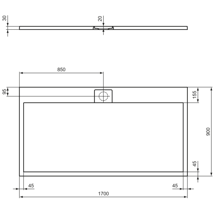 Ideal Standard Ultra Flat S i.life Rechteck-Brausewanne 170 x 90 cm, bodeneben