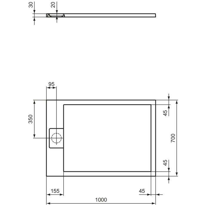 Ideal Standard Ultra Flat S i.life Rechteck-Brausewanne 100 x 70 cm, bodeneben