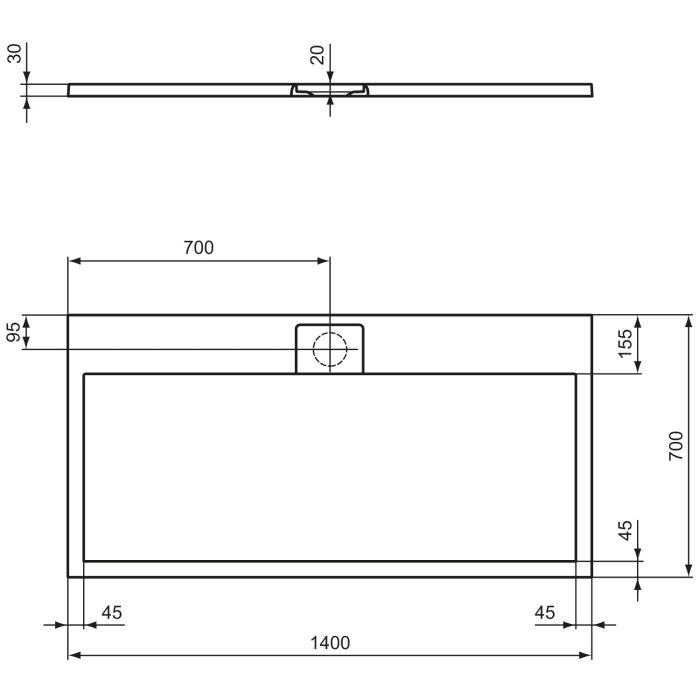 Ideal Standard Ultra Flat S i.life Rechteck-Brausewanne 140 x 70 cm, bodeneben