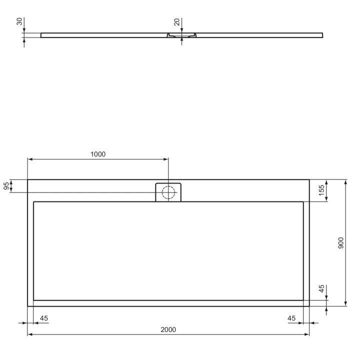 Ideal Standard Ultra Flat S i.life Rechteck-Brausewanne 200 x 90 cm, bodeneben