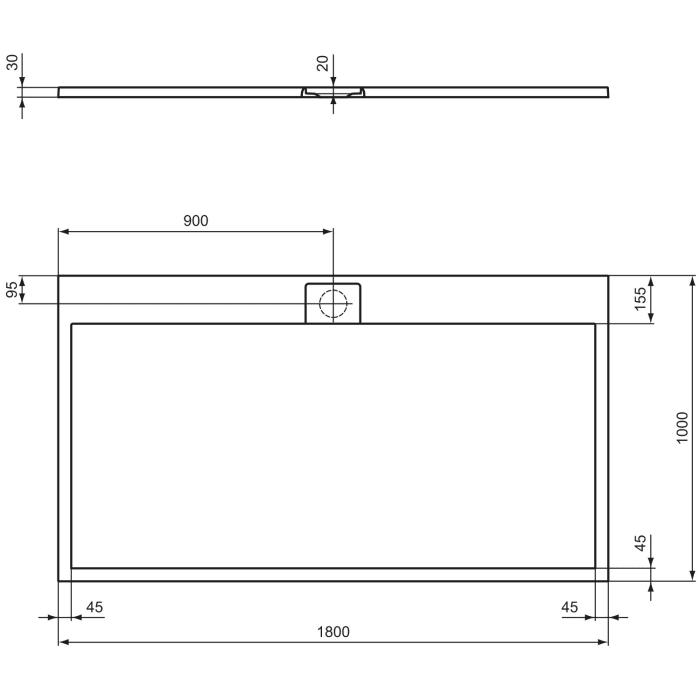 Ideal Standard Ultra Flat S i.life Rechteck-Brausewanne 180 x 100 cm, bodeneben