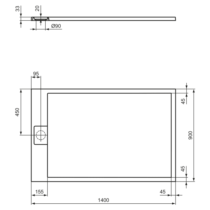 Ideal Standard Ultra Flat S i.life Rechteck-Brausewanne 140 x 90 x 3 cm