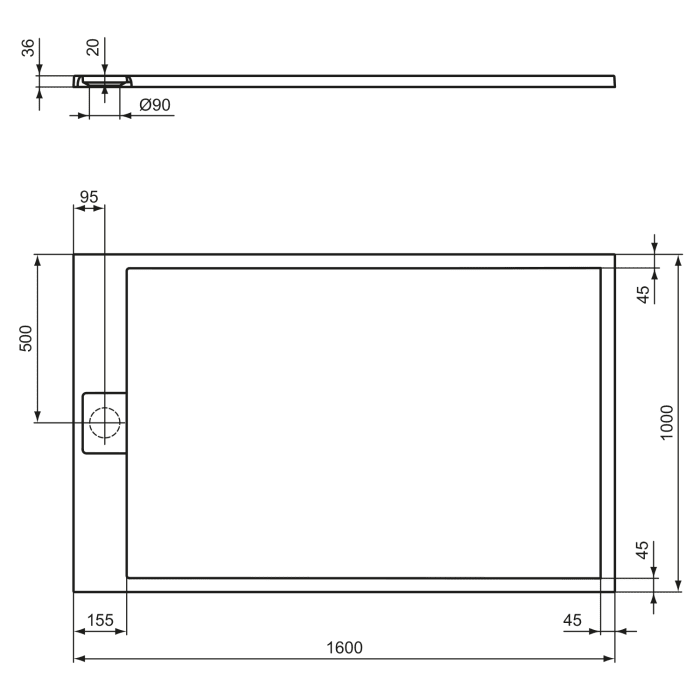 Ideal Standard Ultra Flat S i.life Rechteck-Brausewanne 160 x 100 x 3 cm