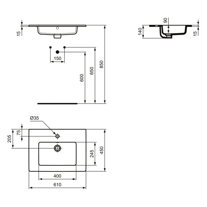 Ideal Standard Eurovit Waschtisch, 1 Hahnloch, mit Überlauf, 61 x 45 x 14 cm