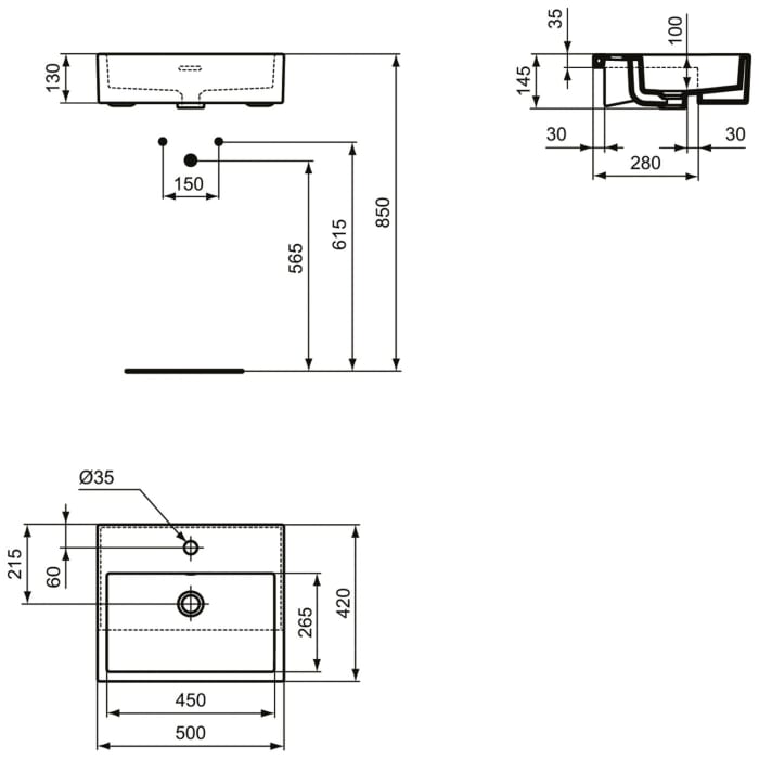Ideal Standard Extra Halbeinbau-Waschtisch 50 cm, mit Hahnloch, mit Überlauf