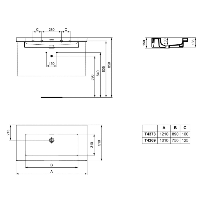 Ideal Standard Extra Möbelwaschtisch, ohne Hahnloch, 121 cm