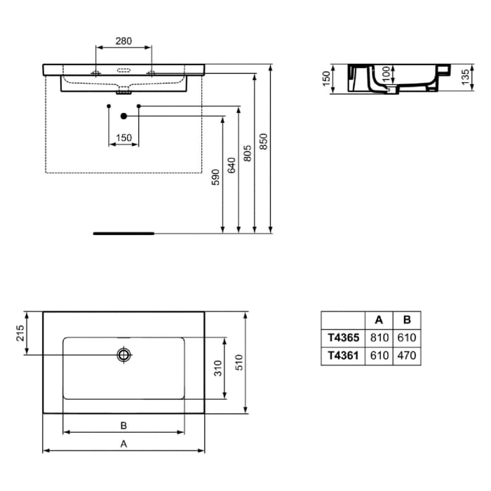 Ideal Standard Extra Möbelwaschtisch, ohne Hahnloch, 61 cm