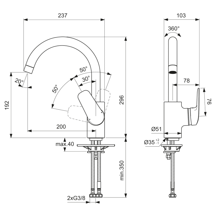 Ideal Standard Ceraflex Küchenarmatur Ausladung 20 cm, hoher Auslauf