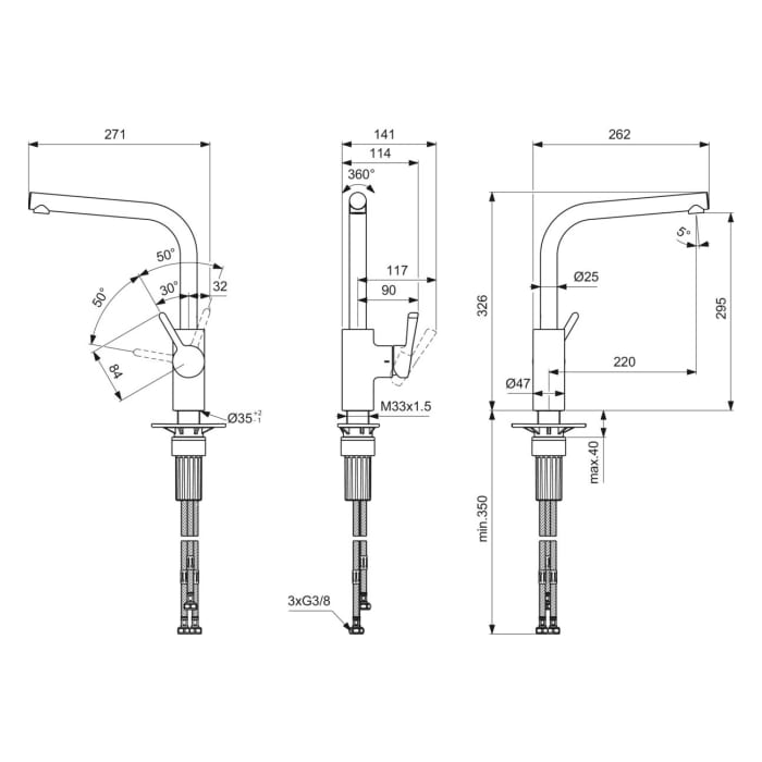 Ideal Standard Ceralife Küchenarmatur 11,4 x 26,2 x 32,6 cm, Ausladung 22 cm