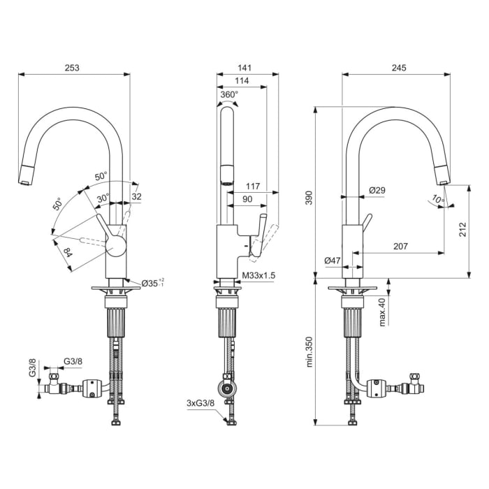 Ideal Standard Ceralife Küchenarmatur 11,4 x 24,5 x 39 cm, Ausladung 20,7 cm, Niederdruck