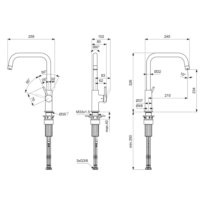 Ideal Standard Ceraline Nuovo Küchenarmatur Ausladung 21,5 cm, U-Auslauf, Niederdruck