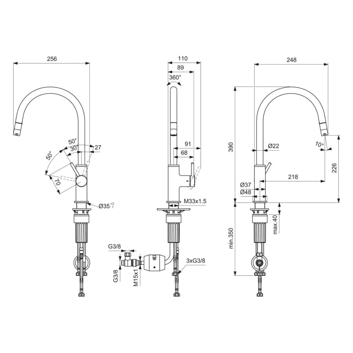 Ideal Standard Ceraline Nuovo Küchenarmatur Ausladung 21,5 cm, 1-Funktionshandbrause, Niederdruck