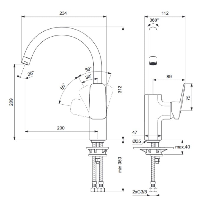 Ideal Standard Ceraplan Einhebel-Küchenarmatur hoher Rohrauslauf, Niederdruck