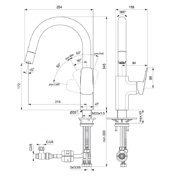 Ideal Standard Ceraplan Einhebel-Küchenarmatur Rohrauslauf mit Auszugsbrause, Niederdruck