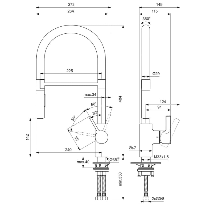 Ideal Standard Gusto Küchenarmatur Ausladung 22,5 cm Semi-Pro 2-Funktionsbrause