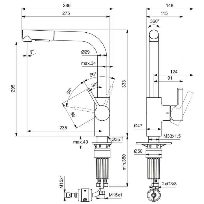 Ideal Standard Gusto Küchenarmatur Ausladung 23,5 cm L-Auslauf 2F-Brause