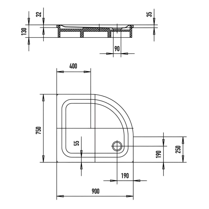 Kaldewei Zirkon 501-2 Viertelkreis-Duschwanne 90 x 75 x 3,5 cm mit Wannenträger