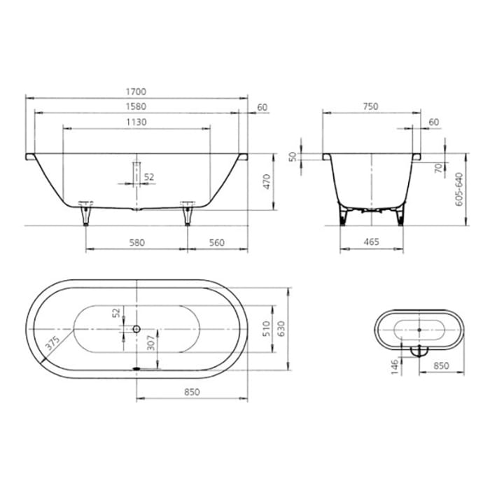Kaldewei CENTRO DUO OVAL Mod. 127-1 Badewanne 170 x 75 cm, mit Grifflöcher