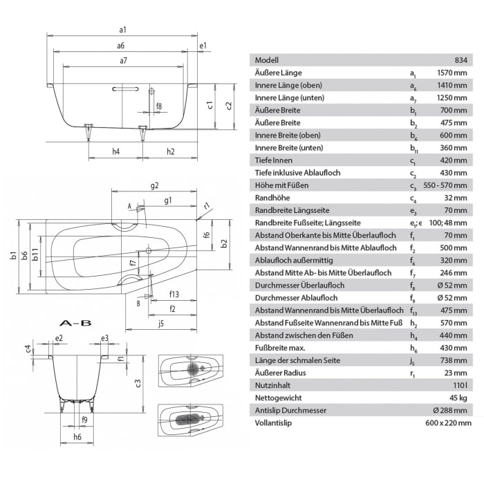 Kaldewei Mini Rechts 834 Badewanne mit Spektrallicht und Weißlicht