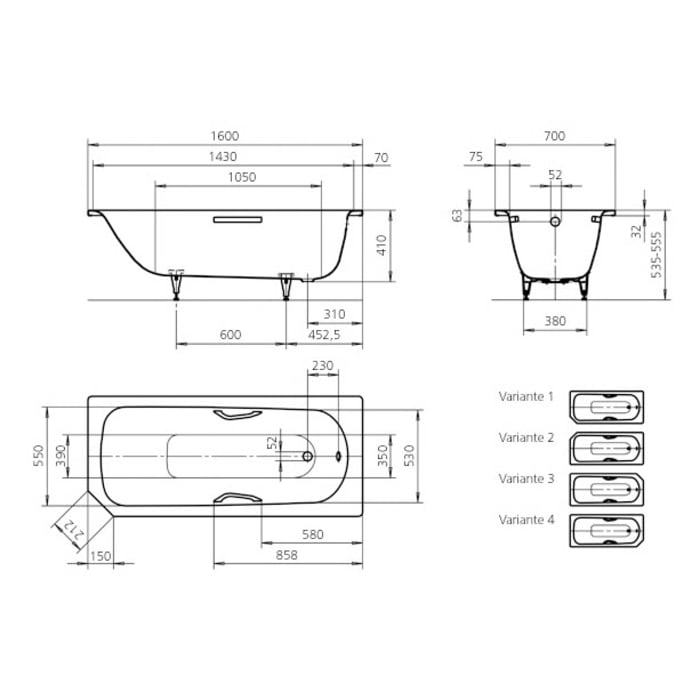Kaldewei SANIFORM V1-V4 STAR Mod. 332-1 V2 Badewanne 160 x 70 cm, mit Invisible Grip und Grifflöcher