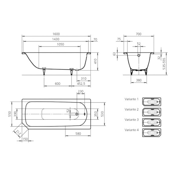 Kaldewei SANIFORM V1-V4 Mod. 362-1 V3 Badewanne 160 x 70 cm, mit Invisible Grip