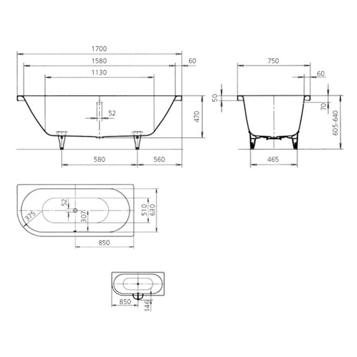 Kaldewei CENTRO DUO 1 LINKS Mod. 129 Eckbadewanne 170 x 75 cm, links abgerundet, mit Perl-Effekt und Grifflöcher