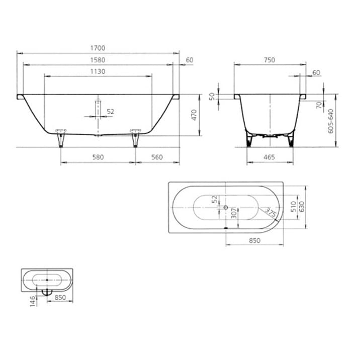 Kaldewei CENTRO DUO 1 RECHTS Mod. 130 Eckbadewanne 170 x 75 cm, rechts abgerundet und mit Grifflöcher