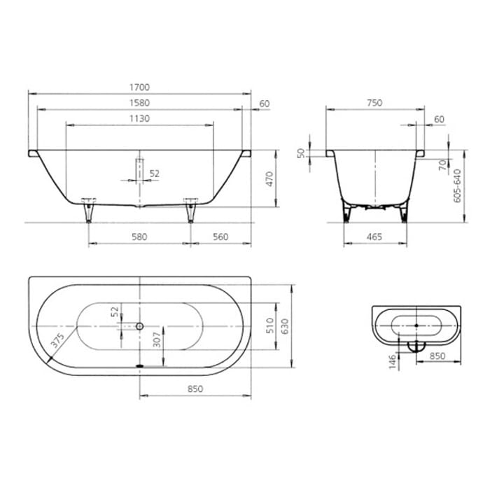 Kaldewei CENTRO DUO 2 Mod. 131 Badewanne 170 x 75 cm, links und rechts abgerundet, mit Perl-Effekt und Grifflöcher