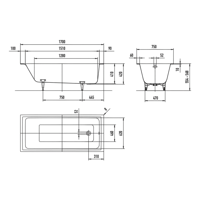 Kaldewei PURO NEXT Mod. 1424 Badewanne 170 x 75 cm mit Installationsset