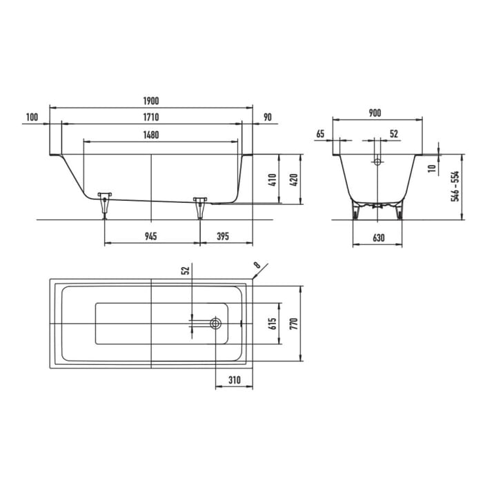 Kaldewei PURO NEXT Mod. 1430 Badewanne 190 x 90 cm, mit Invisible Grip