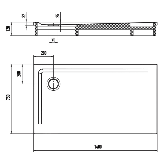 Kaldewei SUPERPLAN 1836-2 Duschwanne 75 x 140 cm mit Secure Plus, inkl. Wannenträger