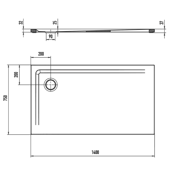 Kaldewei SUPERPLAN 1836-5 Duschwanne 75 x 140 cm mit Invisible Grip, inkl. Wannenträger extraflach