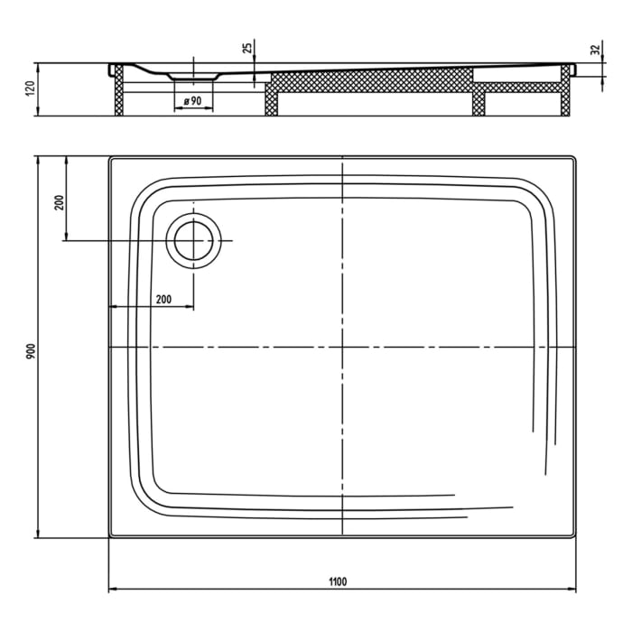 Kaldewei TEMPER Duschwanne 90 x 110 cm mit Invisibe Grip und Wannenträger