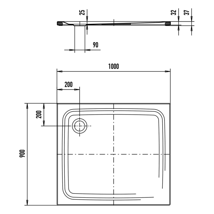 Kaldewei TEMPER Duschwanne 90 x 100 cm mit Invisibe Grip und Wannenträger extraflach