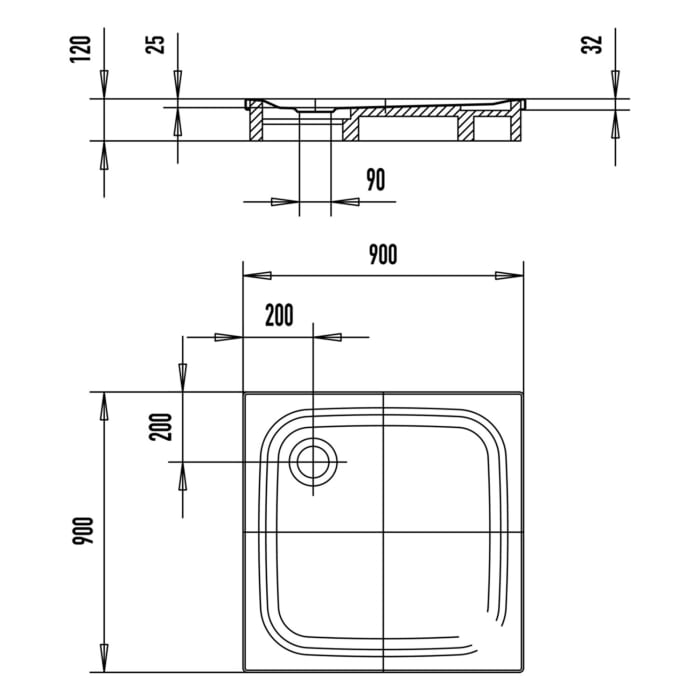 Kaldewei TEMPER Duschwanne 90 x 90 cm mit Invisibe Grip und Wannenträger