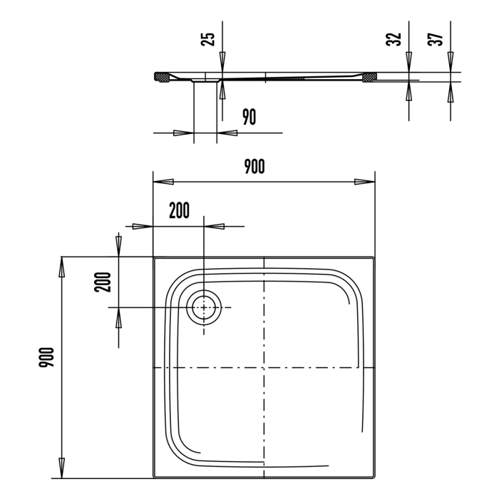 Kaldewei TEMPER Duschwanne 90 x 90 cm mit Invisibe Grip und Wannenträger extraflach
