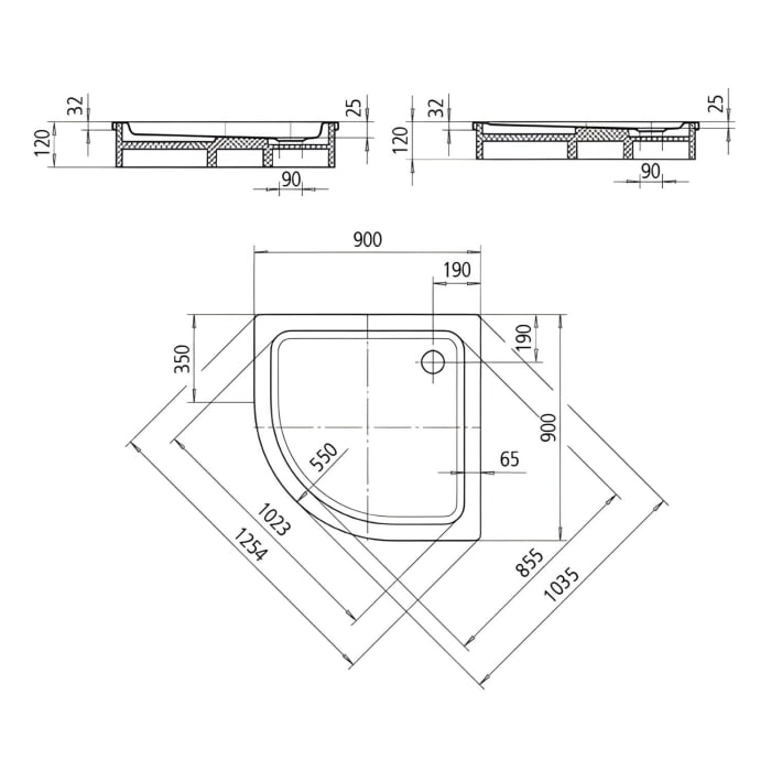 Kaldewei Arrondo 870-2 Viertelkreis-Duschwanne 90 x 90 x 2,5 cm mit Wannenträger und Antislip